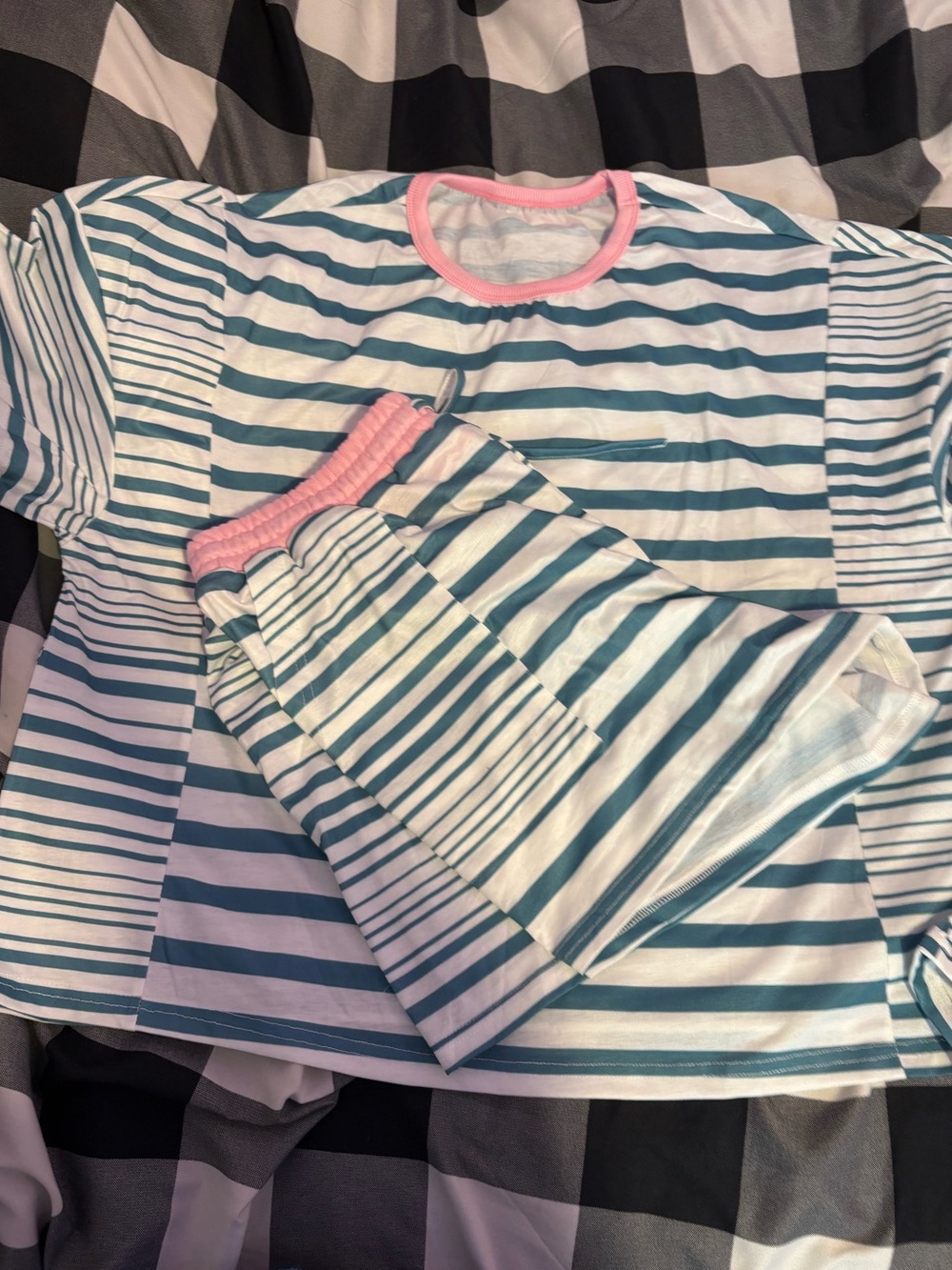 SHEIN Blue & White Striped Women's Set with Pink Trim